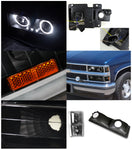 For Chevy C10 CK Tahoe Silverado Halo LED Black Projector Headlights+Corner Bump