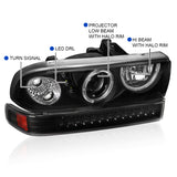 For Chevy S10 Blazer Halo LED Black Projector Headlights+LED Bumper Lights Pair
