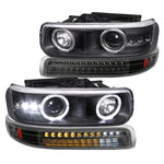 For Chevy Tahoe Suburban Black LED Halo Projector Headlights+LED Bumper Lights