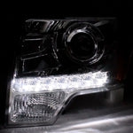 For Ford F150 Chrome LED DRL Strip Projector Headlights+Chrome Vertical Hood Gri