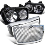 For 2005-2010 CHRYSLER 300 GLOSSY BLACK PROJECTOR HEADLIGHTS+GRILL+HOOD MUSTACHE