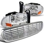 For Dodge Dakota SLT LED DRL Chrome Crystal Headlights+ABS Hood Grille