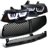 For Dodge Charger Glossy Black Halo Projector Headlights+2PC Mesh Bumper Hood Gr