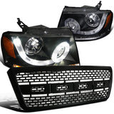 For Ford F150 Black SMD LED Halo DRL Projector Headlights+Raptor Hood Grille