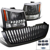 For Chevy Silverado Black SMD LED DRL Projector Headlights+Bumper Lamps+Hood Gri