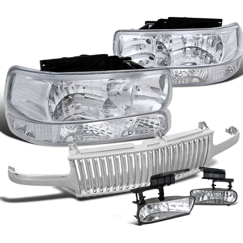For Chevy Silverado Chrome Clear Headlights+Bumper+Fog Lamp+Chrome Vertical Gril