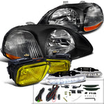 For Honda Civic JDM Black Headlight+Yellow Fog Lamp+Bumper Light 6-LED DRL 6000K