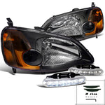 For Honda Civic Black Crystal Headlight Replacement Pair+DRL 6-LED Bumper Fog La