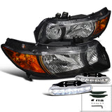 For Honda Civic 2 Dr Coupe Black Headlights Replacement Pair+LED DRL Lamps