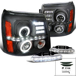 For Escalade Black R8 Style Halo Projector Headlights+LED DRL Fog Bumper Lamps