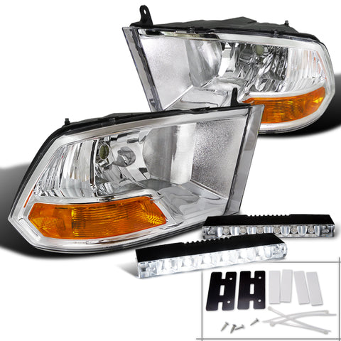 For 09-19 Dodge Ram 1500 2500 3500 Diamond Chrome Headlights Lamps+6-LED Bumper