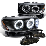 For GMC Yukon Glossy Black Halo LED Headlights Bumper Lights Fog Lamps