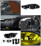 For Honda Civic 4Dr Crystal Smoke Headlights+Yellow Bumper Fog Lights