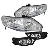 For Honda Civic 4Dr Crystal Chrome Headlights+Clear Bumper Fog Lights