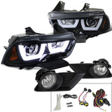 For Dodge Charger Glossy Black Dual Halo Projector Headlights+Clear Bumper Fog L