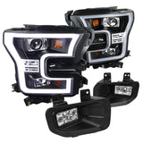For Ford F150 F-150 Pickup Black LED Rim Projector Headlights+Clear Bumper Fog L
