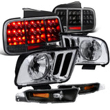 For 2005-2009 Mustang Chrome Headlight+Black/Clear Parking Lamp+Red Led Tail Lig