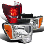 For Ford F150 Chrome Clear Headlights+Red Lens LED Tail Brake Lamps