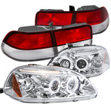 For Honda Civic Coupe Chrome Halo LED Projector Headlights+Red Clear Tail Lamps