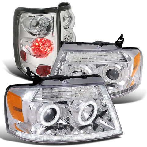 For Ford F150 Chrome Clear Halo LED DRL Projector Headlights+LED Rear Tail Lamps