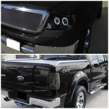 For Ford F150 Glossy Black Dual Halo LED Projector Headlights+Smoke LED Tail Lam