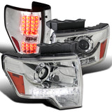 For Ford F150 Chrome Clear LED DRL Strip Projector Headlights+Clear LED Tail Lam