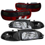 For Civic 4Dr Black Headlights+Corner Lamps+Red/Smoke Tail Lights
